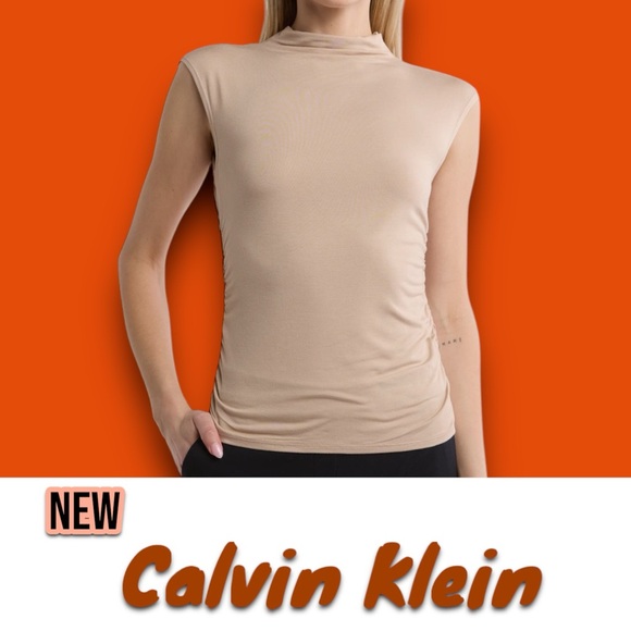 New NWT Calvin Klein Mock Neck Sleeveless Top Mushroom - Picture 2 of 5